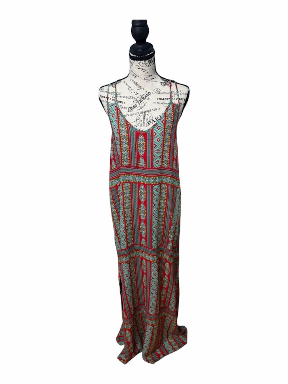 Printed Spaghetti-Strap Maxi Dress in Red and Teal